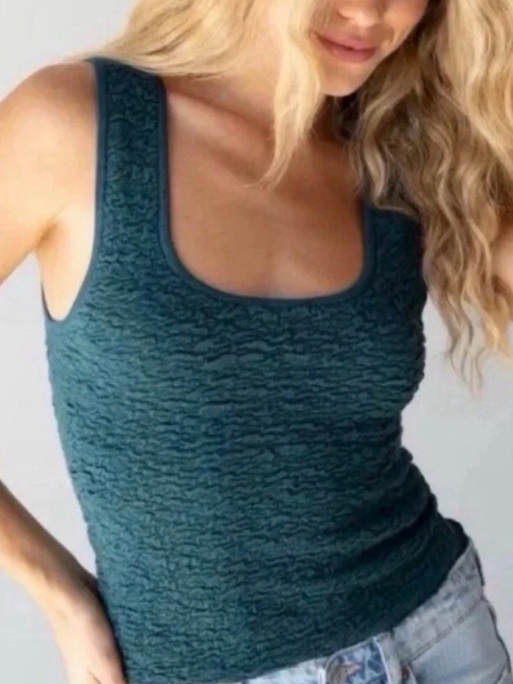 NATURAL LIFE SZ LARGE TEAL GREEN DANIELLE SQUARE NECK TANK TOP